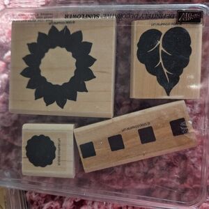Vintage 1996 STAMPIN' UP! "SUNFLOWER" SET OF 4 WOOD & RUBBER STAMP SET.